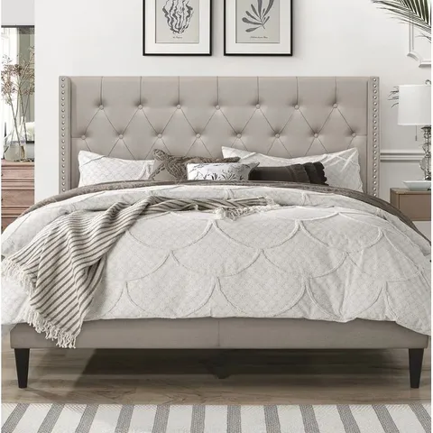 BOXED AILEEN UPHOLSTERED PLATFORM BED, GREY // SIZE: DOUBLE (1 BOX)
