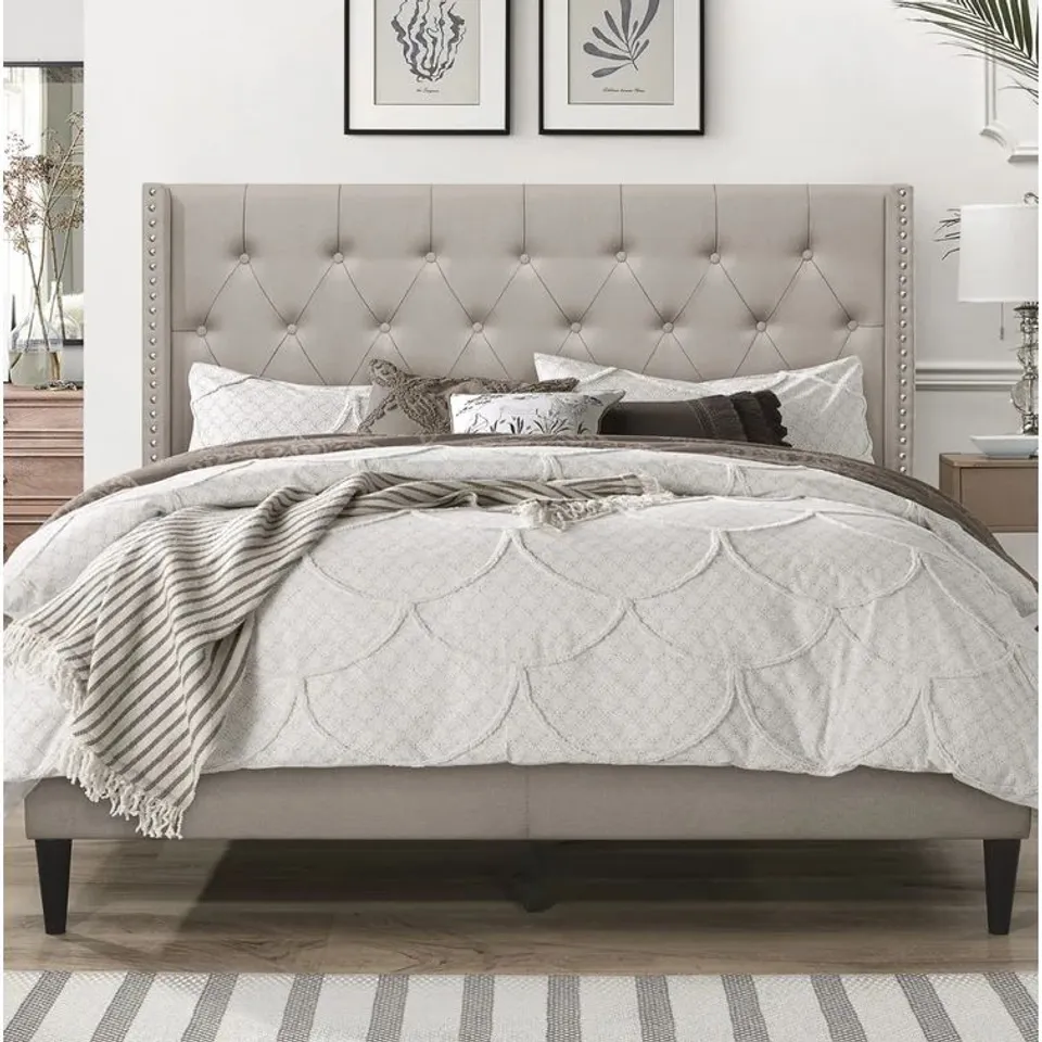 BOXED AILEEN UPHOLSTERED PLATFORM BED, GREY // SIZE: DOUBLE (1 BOX)