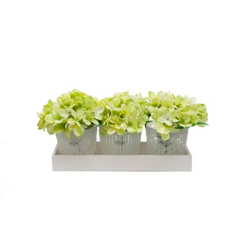 PEONY SET OF 3 HYDRANGEAS SET IN PATTERNED VASES IN A WOODEN TRAY