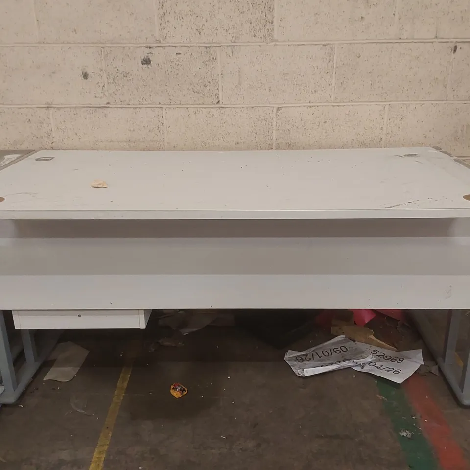 WHITE OFFICE DESK WITH INTEGRATED RIGHT-HAND TWO-DRAWER PEDESTAL