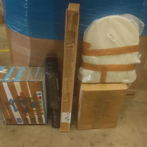 PALLET OF ASSORTED ITEMS INCLUDING TOILET SEAT, 3 TIER STORAGE SHELVES, PVC CHAIR MAT, BEACH TOY TABLE