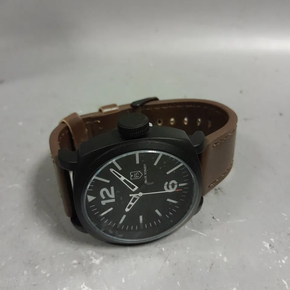MENS FRANK SCHMIDT WATCH – LARGE BLACK CASE – BLACK PILOT DIAL – BROWN STRAP – 3ATM WATER RESISTANT