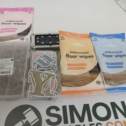 APPROXIMATELY 15 ASSORTED HOUSEHOLD PRODUCTS TO INCLUDE FLOOR WIPES , ASSORTED SCREWS AND LED LIGHT