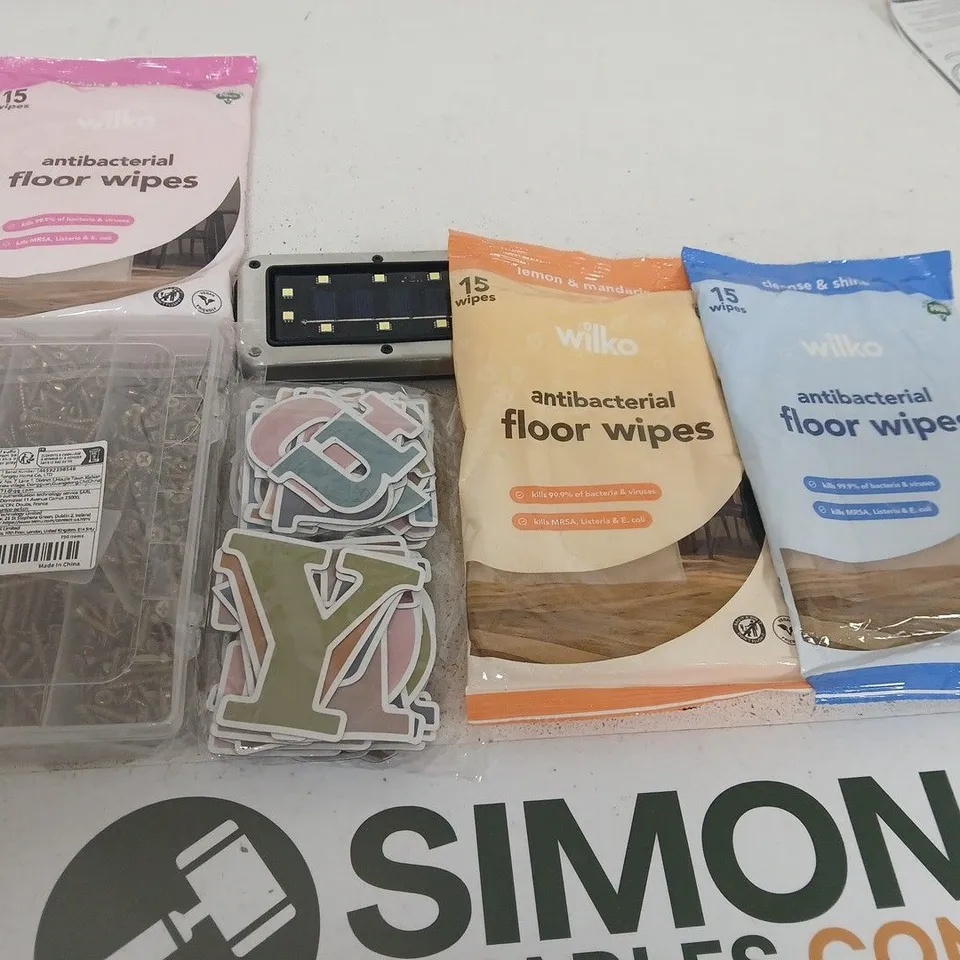 APPROXIMATELY 15 ASSORTED HOUSEHOLD PRODUCTS TO INCLUDE FLOOR WIPES , ASSORTED SCREWS AND LED LIGHT