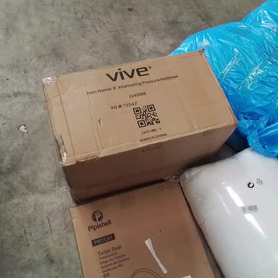 PALLET CONTAINING ASSORTED PRODUCTS INCLUDING: 8" ALTERNATING PRESSURE MATTRESS, DUVETS, HEATED BLANKETS, TOILET SEAT, KIDS TOY ECT