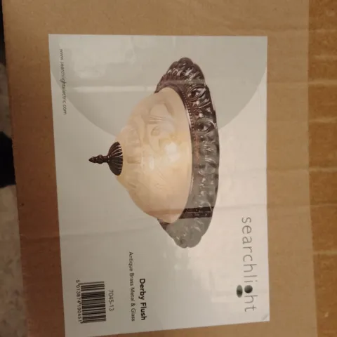 BOXED SEARCHLIGHT DERBY FLUSH CEILING LIGHT β ANTIQUE BRASS & GLASS