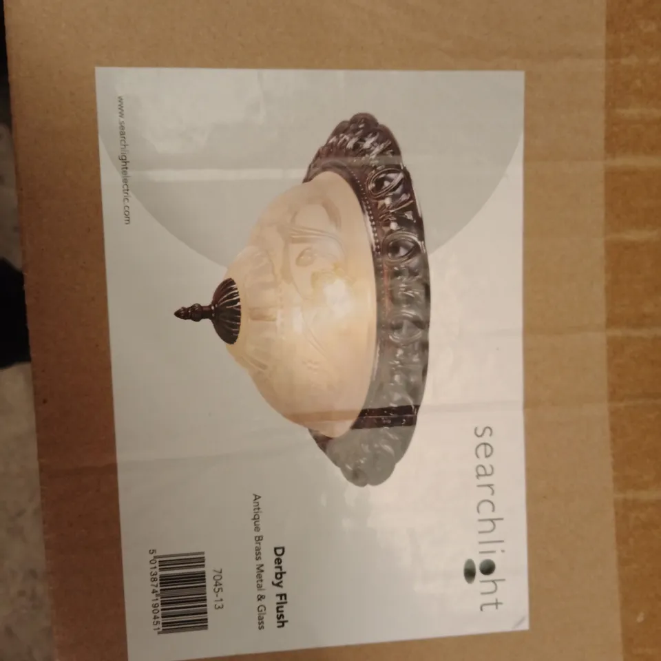 BOXED SEARCHLIGHT DERBY FLUSH CEILING LIGHT – ANTIQUE BRASS & GLASS