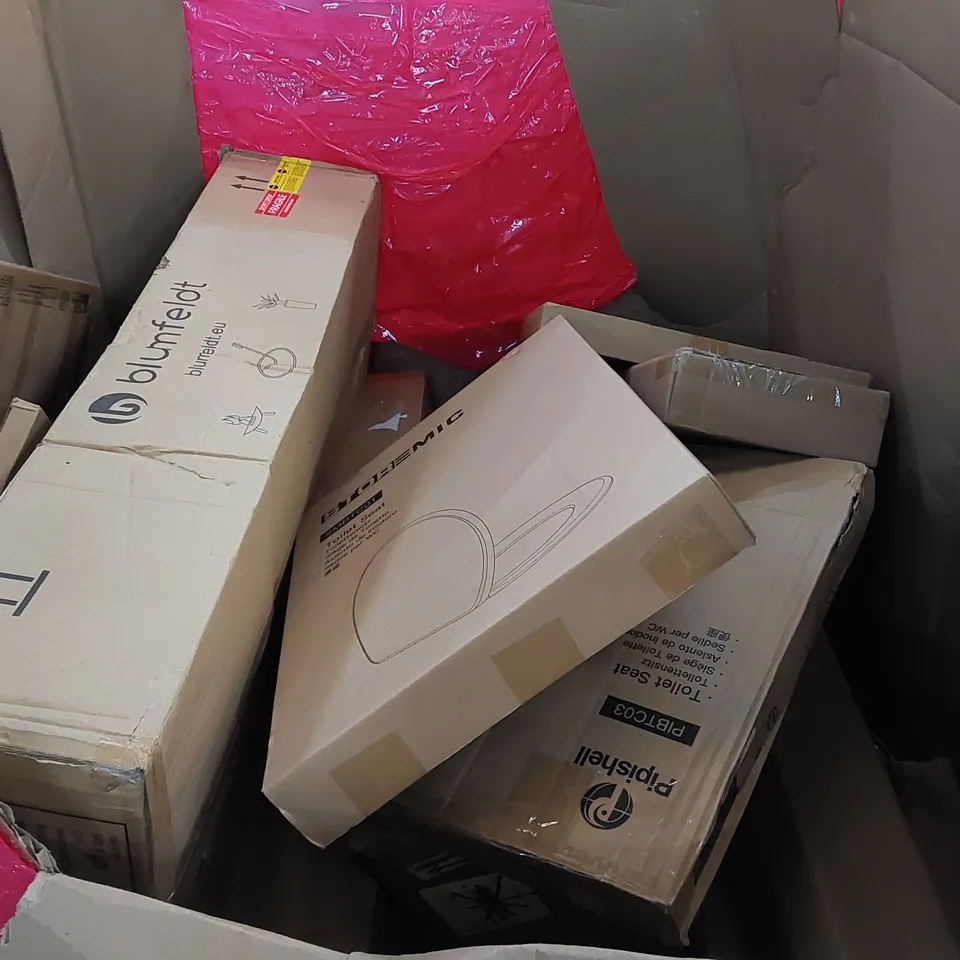 PALLET OF ASSORTED CONSUMER PRODUCTS TO INCLUDE: COOKER HOOD, PRESSURE WASHER, SMART TOWER FAN, DOOR MATS, TOILET SEAT ECT