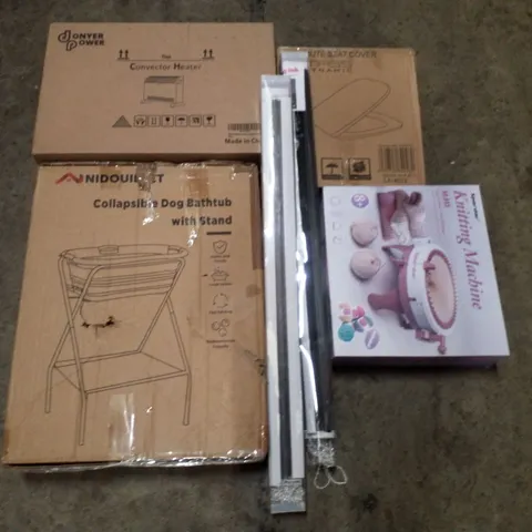 PALLET CONTAINING ASSORTED PRODUCTS INCLUDING CONVECTOR HEATER, COLLAPSIBLE DOG BATHTUB, TOILET SEAT, ROLLER BLINDS & KNITTING MACHINE 