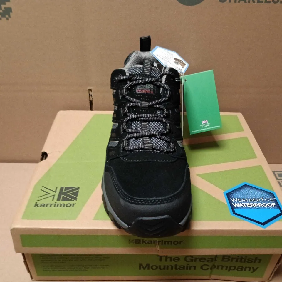 BOXED PAIR OF KARRIMOR MOUNT LOW 10 WEATHERTITE BOOTS IN BLACK - UK 8