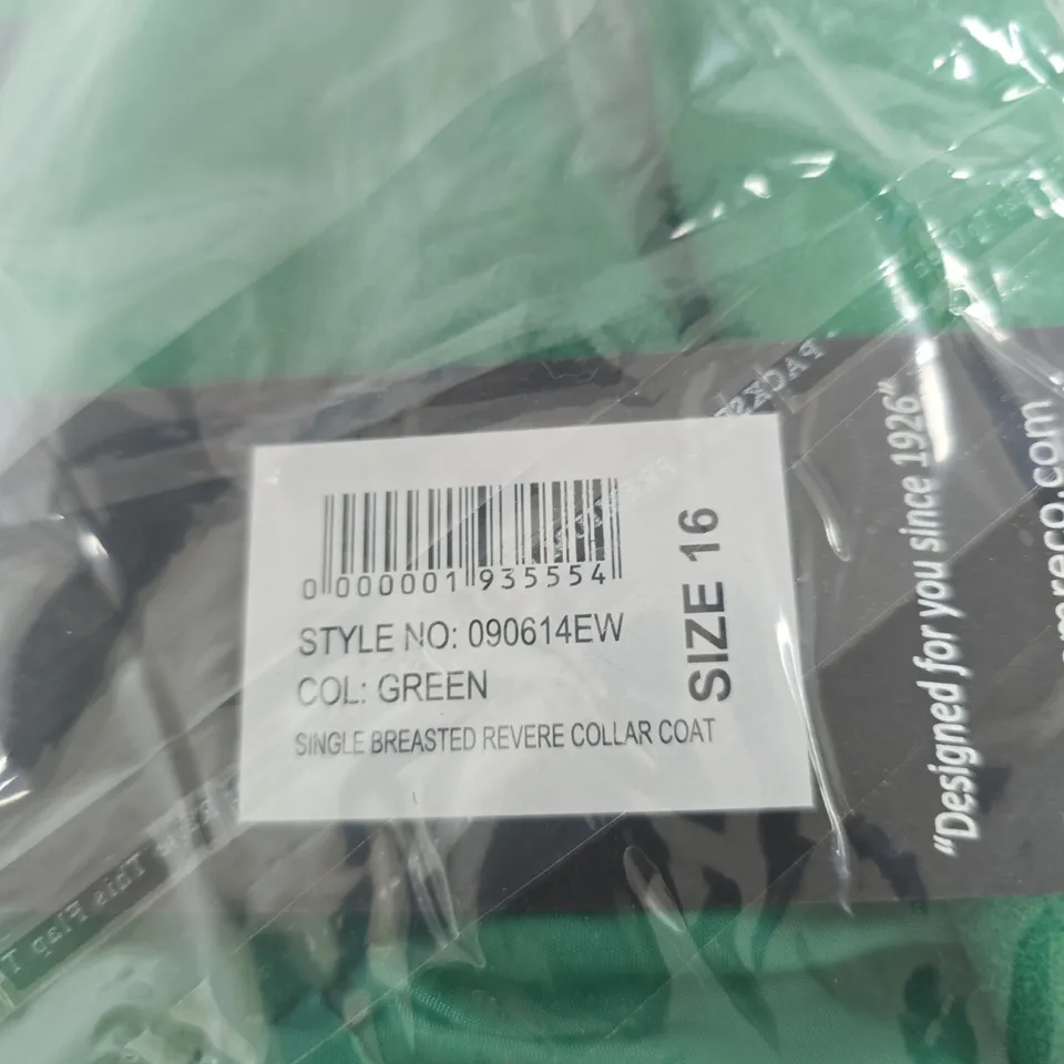 EMRECO GREEN SINGLE-BREASTED REVERE COLLAR COAT, UK SIZE 16 (STYLE NO. 090614EW)