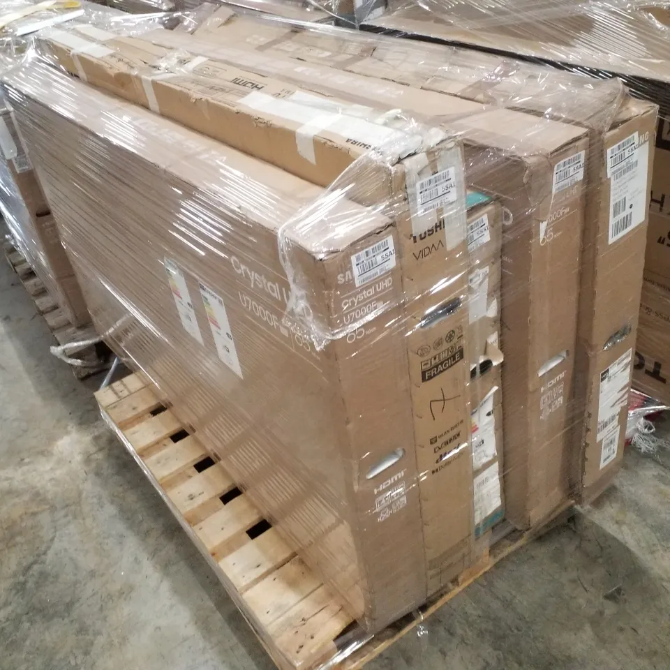 PALLET OF FIVE ASSORTED WAREHOUSE DAMAGED TV'S TO INCLUDE;