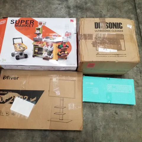 PALLET OF ASSORTED PRODUCTS INCLUDING KEYBOARD & MOUSE, SUPER MARKET TOY SET, ULTRASONIC CLEANER, TV MOUNT