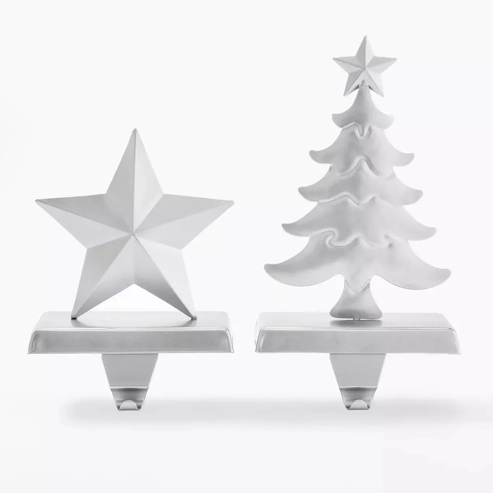 2 PACK MATT SILVER CHRISTMAS STOCKING HANGERS - STAR AND TREE