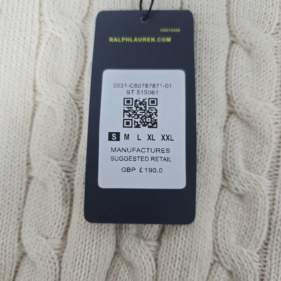 POLO RALPH LAUREN CREAM CABLE KNIT SWEATER – CUSTOM SLIM FIT, MEN’S SIZE S