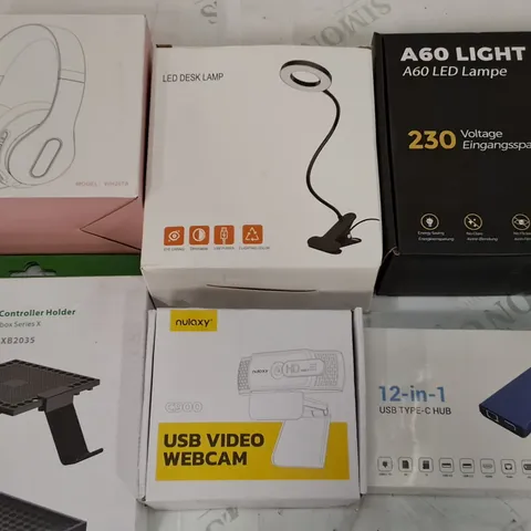 LOT OF 15 ASSORTED ITEMS TO INCLUDE USB VIDEO WEBCAM, A60 LIGHT BULBS AND WIRELESS HEADPHONES 