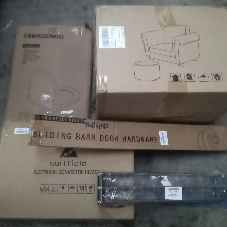 UNPROCESSED PALLET OF ASSORTED HOUSEHOLD GOODS TO INCLUDE CONVECTOR HEATER, CHAIR AND STOOL,AND TOILET SEAT