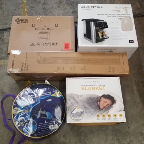 PALLET CONTAINING ASSORTED PRODUCTS INCLUDING CONVECTOR HEATER, 36" SMART TOWER FAN, HEATED THROW BLANKET, POP UP TENT & WATER DISPENSER