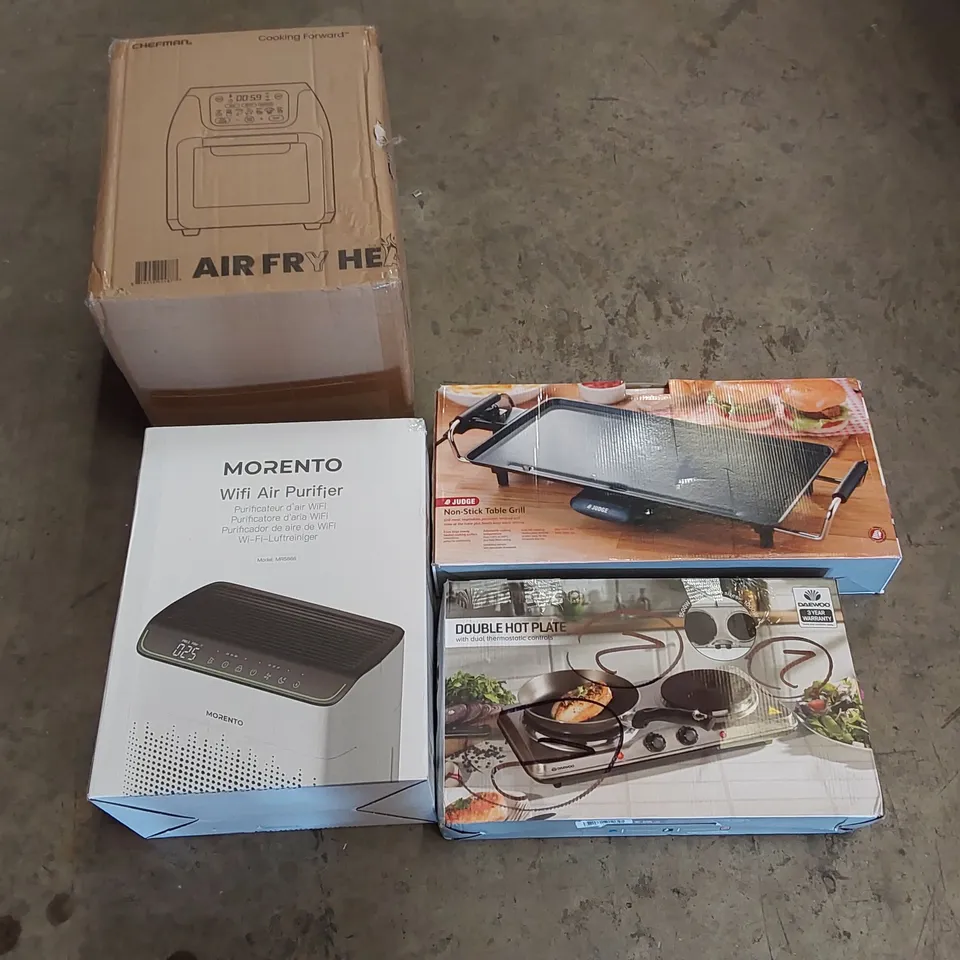 PALLET OF ASSORTED HOUSEHOLD GOODS AND PRODUCTS TO INCLUDE; PRINTERS, AIR PURIFIER, AIR FRYER, TABLE GRILL, HOT PLATE, BOXED FURNITURE ETC 