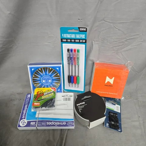 APPROXIMATELY 12 ASSORTED HOUSEHOLD ITEMS TO INCLUDE BALLPENS, PERRY PLAIN TURN BUTTONS, ENVELOPES, ETC