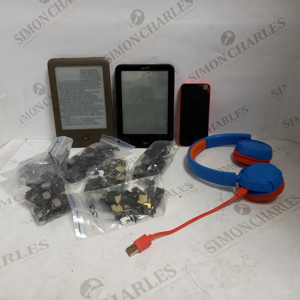LOT OF ASSORTED ELECTRICAL ITEMS, TO INCLUDE E-READERS, IPHONE 5C, KEYBOARD COMPONENTS & KID'S HEADPHONES