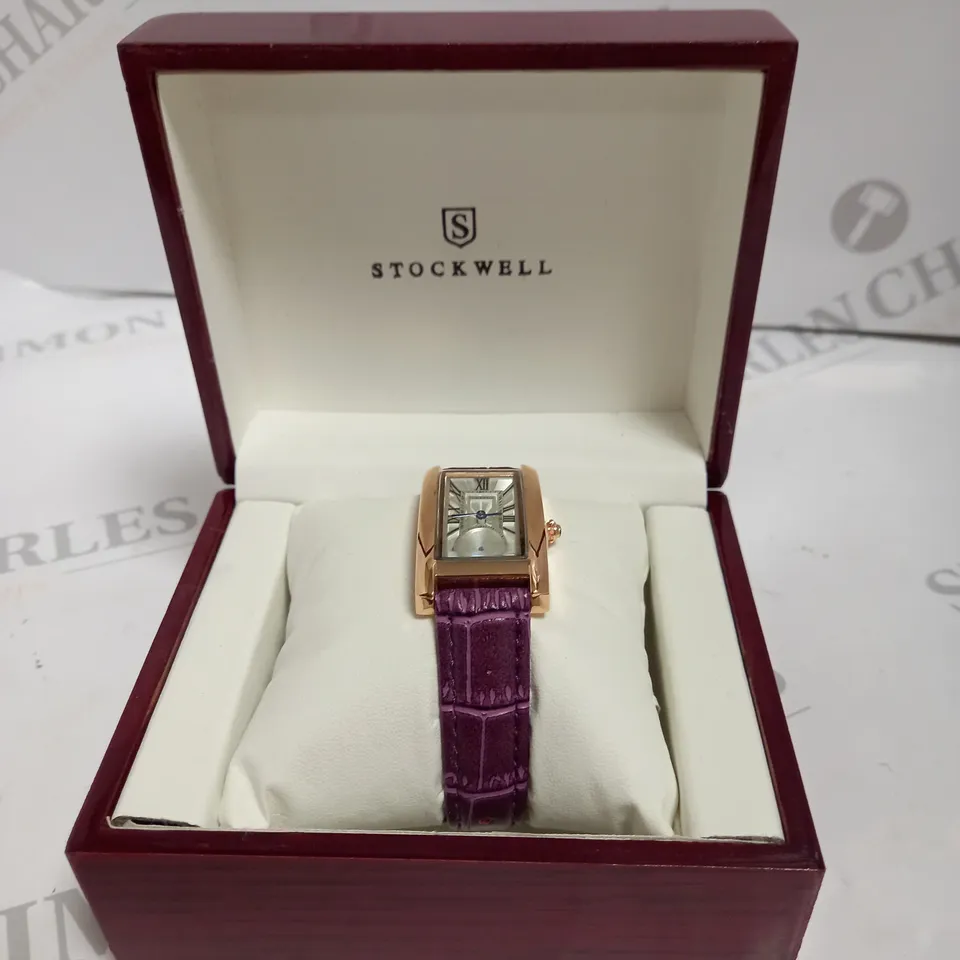 LADIES STOCKWELL WATCH – TEXTURED DIAL WITH SUB DIAL MINUTE HAND – PURPLE LEATHER STRAP.