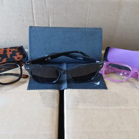 HUMMINGBIRD SUNGLASSES & READERS SET – BLACK POLARISED SUNGLASSES + 2 READING GLASSES (BROWN TORT & RASPBERRY RADIANCE) WITH CASE, POUCHES & CLOTH 