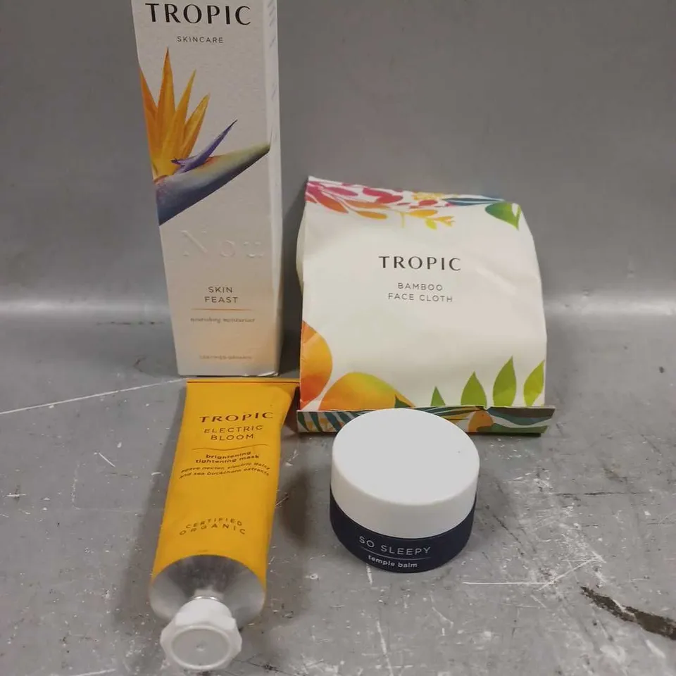 TROPIC LOT OF 4 COSMETIC PRODUCTS TO INCLUDE - ELECTRIC BLOOM TIGHTENING MASK - SO SLEEPY TEMPLE BALM - SKIN FEAST NOURISHING MOISTURISER - ETC