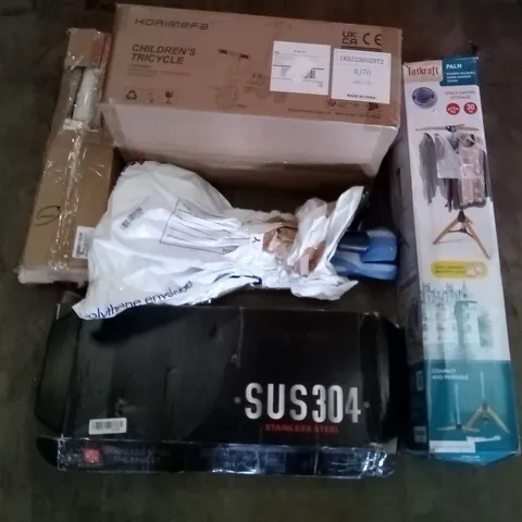 PALLET OF ASSORTED ITEMS INCLUDING TATKRAFT SPACE-SAVING CLOTHES STORAGE, CHILDREN'S TRICYCLE, STAINLESS STEEL FAUCET, 500MM SPIKED ROLLER, KIDS SCOOTER