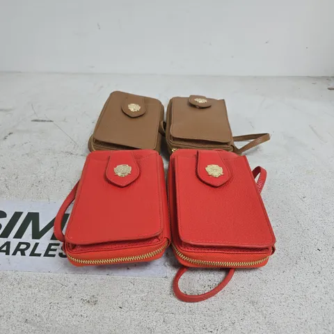 SET OF 4 PAUL COSTELLOE CREST DETAIL COMPACT LEATHER CROSSBODY CARAMEL + BLOOD ORANGE