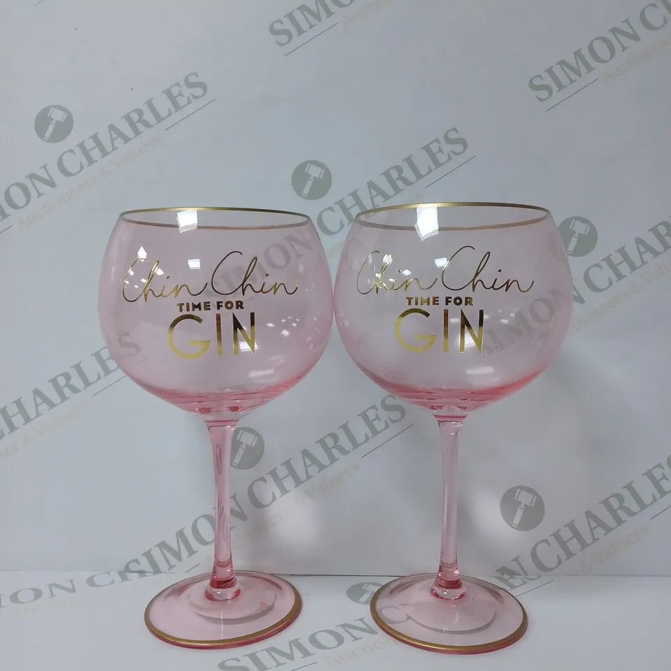 BOXED BRAND NEW SET OF 2 PINK GIN GLASSES 'CHIN CHIN TIME FOR GIN'