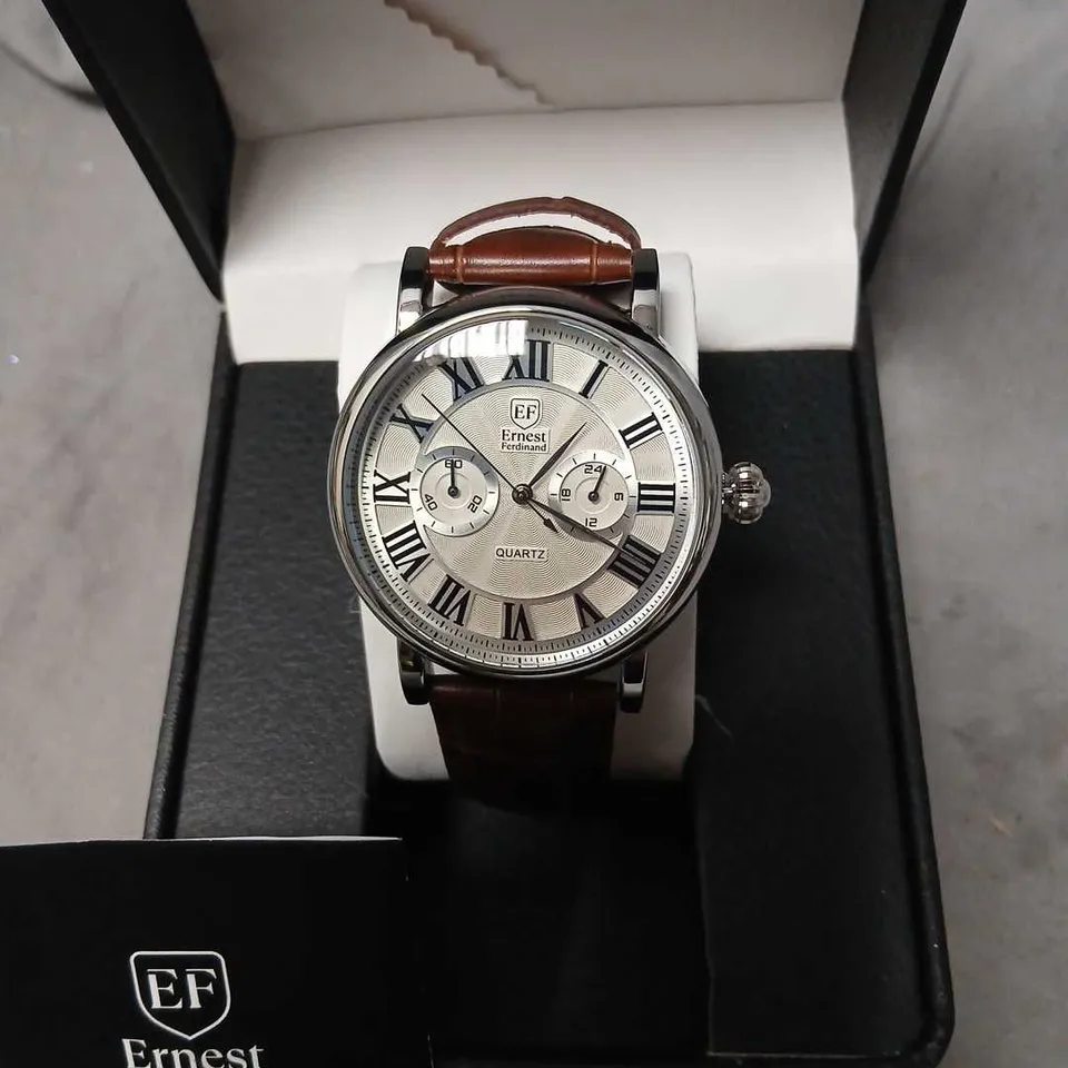 ERNEST FERDINAND WRISTWATCH – SILVER DIAL, ROMAN NUMERALS, BROWN LEATHER STRAP (BOXED)