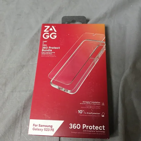 BOX OF APPROXIMATELY 40 ZAGG 360 PROTECT BUNDLE FOR SAMSUNG GALAXY S23 FE – CLEAR CASE + TEMPERED GLASS SCREEN PROTECTOR