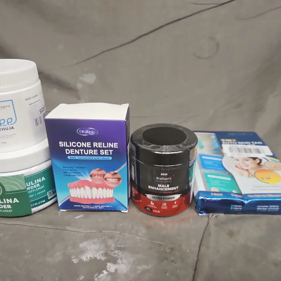 APPROX 10 ASSORTED HEALTH & BEAUTY PRODUCTS: ANTIFUNGAL CREAM, SILICONE RELINE DENTURE SET, MALE ENHANCEMENT SUPPLEMENT