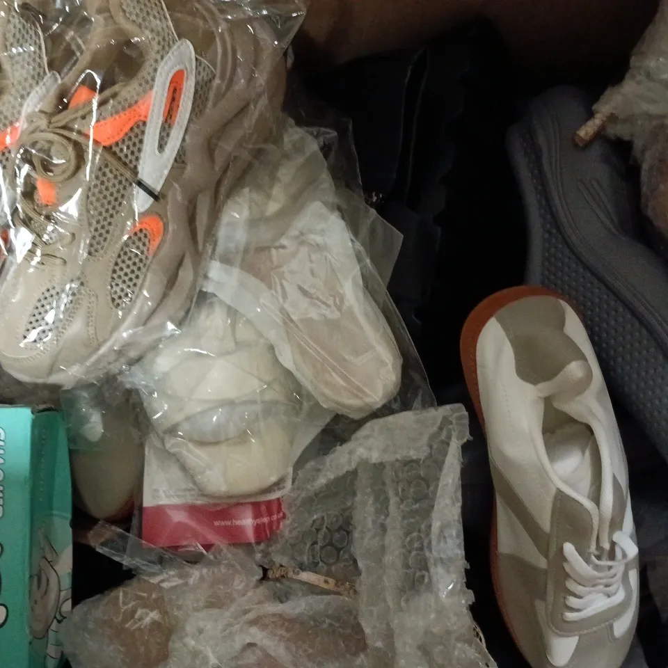 BOX OF APPROXIMATELY 15 ASSORTED PAIRS OF SHOES AND FOOTWEAR ITEMS IN VARIOUS COLOURS, STYLES, AND SIZES - COLLECTION ONLY
