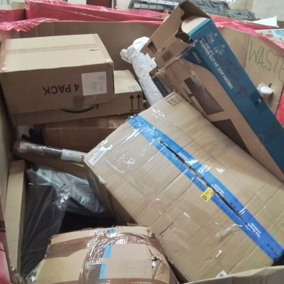 PALLET OF ASSORTED ITEMS TO INCLUDE: OFFICE CHAIR, HEAT PRESS MACHINE, DISH DRYING RACK, KIDS BASKETBALL HOOP, MULTIFUNCTIONAL FITNESS BOARD, DOOR MAT ECT
