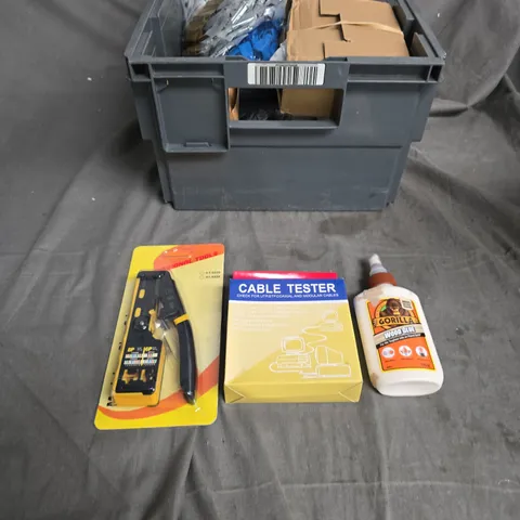 APPROXIMATELY 20 ITEMS OF A CABLE TESTER KIT WITH PLIERS AND GORILLA WOOD GLUE INCLUDED IN VARIOUS DIY ITEMS .