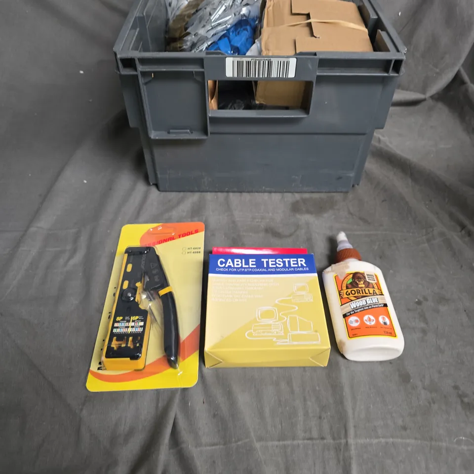 APPROXIMATELY 20 ITEMS OF A CABLE TESTER KIT WITH PLIERS AND GORILLA WOOD GLUE INCLUDED IN VARIOUS DIY ITEMS .