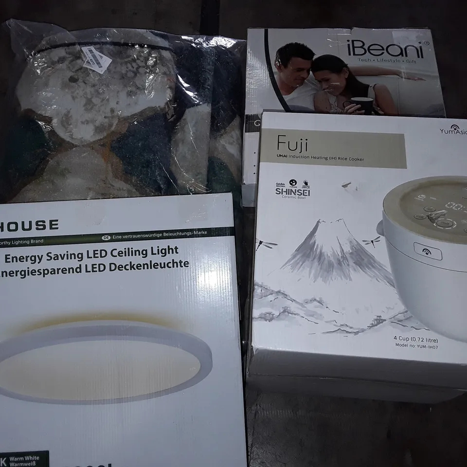 UNPROCESSED PALLET OF ASSORTED ITEMS TO INCLUDE FUJI RICE COOKER, IBEANI CUSHION AND LED CEILING LIGHT