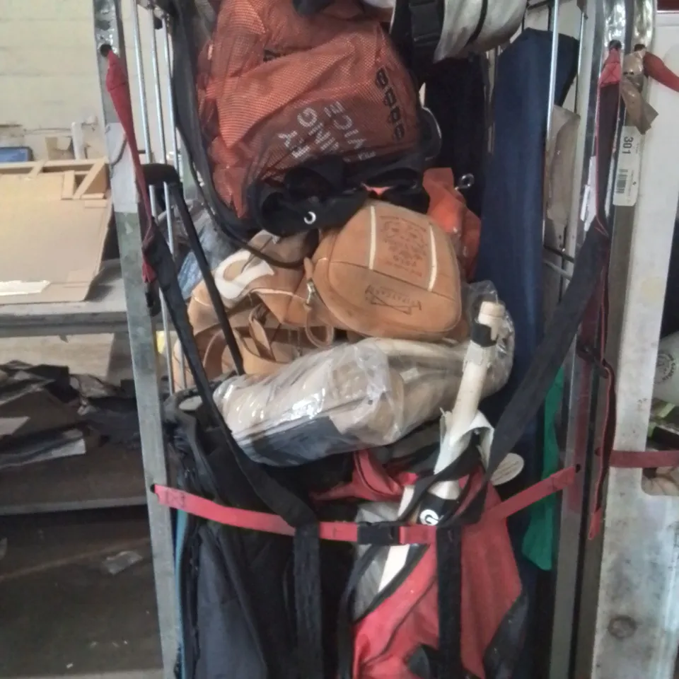 CAGE OF ASSORTED HOUSEHOLD GOODS AND PRODUCTS TO INCLUDE; CRICKET BAT,BAG OF RUGBY BALLS,