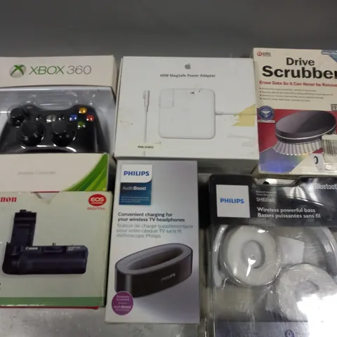 LOT OF 10 ASSORTED TECH ITEMS TO INCLUDE 60W MAGSAFE POWER ADAPTER, XBOX 360 CONTROLLER AND PHILIPS HEADPHONES