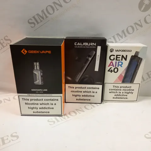BOX OF APPROXMATELY 30 E-CIGARETTES AND LIQUIDS TO INCLUDE GEEKVAPE L200, CALIBURN A2 POD SYSTEM, VAPORESSO GEN AIR 40, ETC