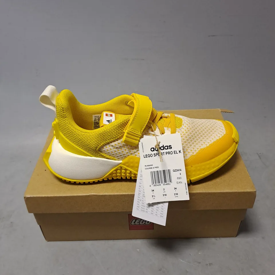 BOXED PAIR OF ADIDAS X LEGO SPORT PRO TRAINERS IN YELLOW SIZE 2