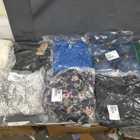 BOX OF APPROXIMATELY 10 ASSORTED PIECES OF CLOTHING IN VARIOUS STYLES, SIZES, AND BRANDS 