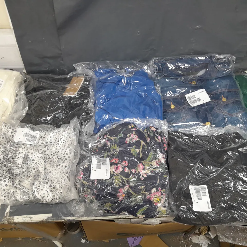 BOX OF APPROXIMATELY 10 ASSORTED PIECES OF CLOTHING IN VARIOUS STYLES, SIZES, AND BRANDS 