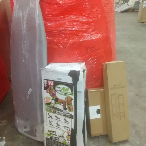 PALLET OF ASSORTED ITEMS INCLUDING IRONING BOARD, AB-SCULPTING SYSTEM, BAMBOO BATHROOM TROLLEY, NONSTICK FRYING PAN