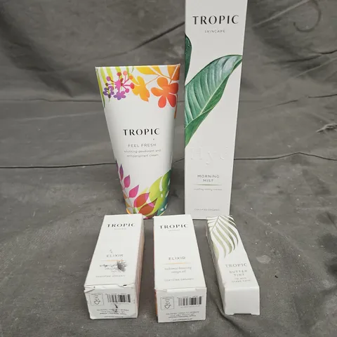 TROPIC SKINCARE LOT OF 5 ASSORTED COSMETIC ITEMS TO INCLUDE - MORNING MIST TONING ESSENCE - ELIXIR - ANTIPERSPIRANT CREAM - ETC