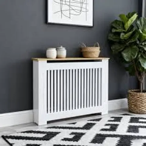BOXED MODERN SLATTED VERTICAL WHITE RADIATOR COVER WITH WOOD GRAIN TOP