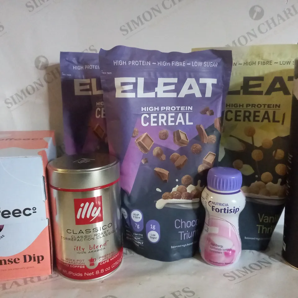 BOX OF APPROX 8 ASSORTED PRODUCTS TO INCLUDE ILLY CLASSICO ROAST COFFEE, ELEAT HIGH PROTEIN CEREAL, RAWYA BLACK SEED OIL, ETC 