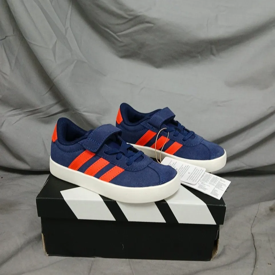 ADIDAS KIDS' TRAINERS – BLUE WITH ORANGE STRIPES - SIZE 10